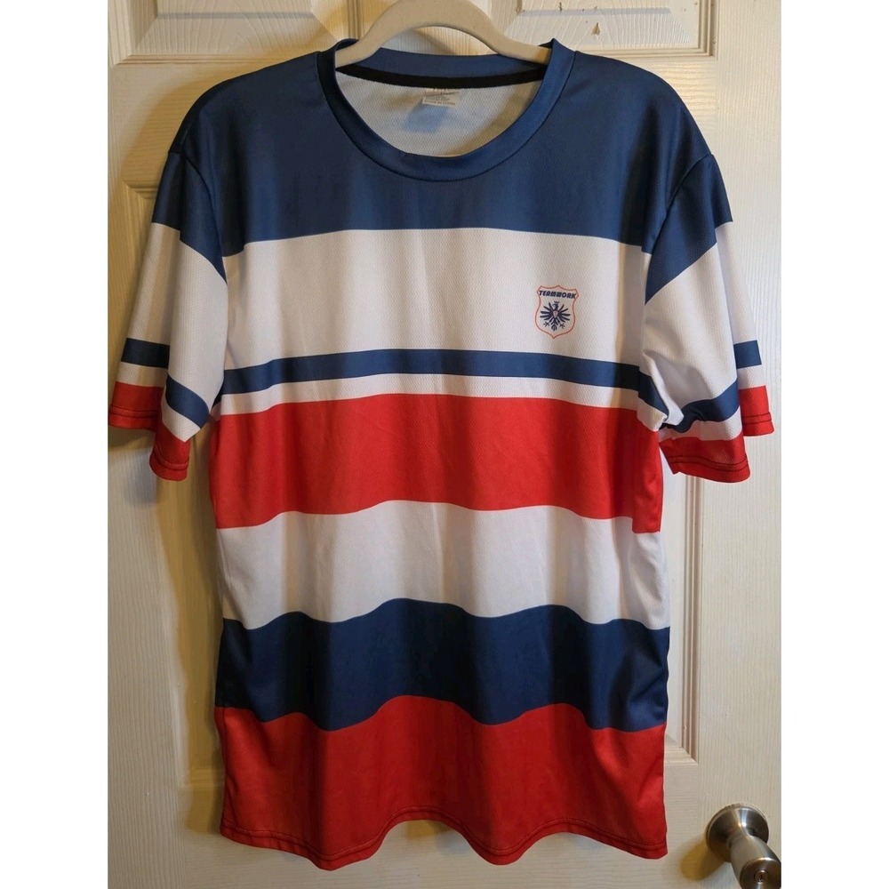 Teamwork Mens Large Soccer Style Jersey Red White Blue Striped Eagle Crest L